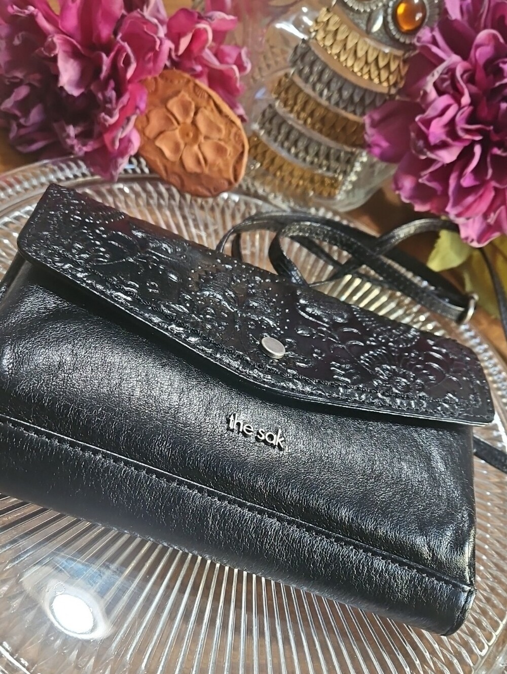 The Sak Black Floral-Embossed Leather Crossbody Bag/clutch/wristlet